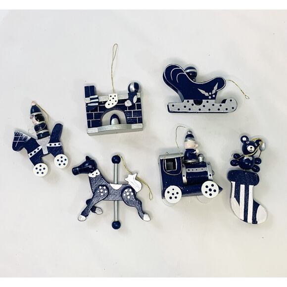 Vintage Lot of 6 Folk Art Wooden Blue Silver White Christmas Ornaments - Picture 1 of 7